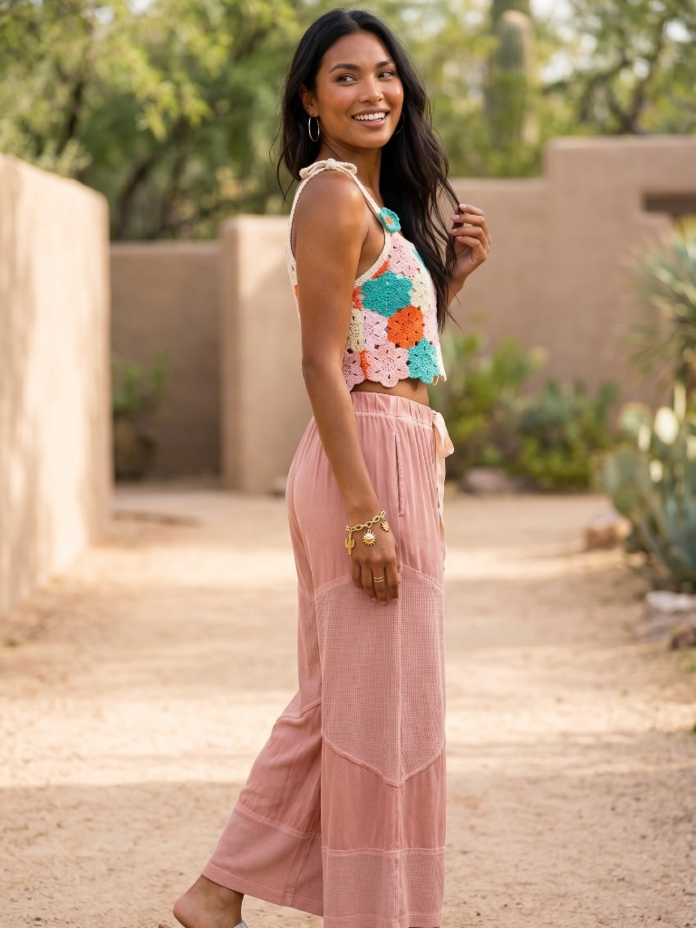 POL Crochet Floral Pearl Beaded Tie Strap Crop Top | Boho Festival - Picture 3 of 8